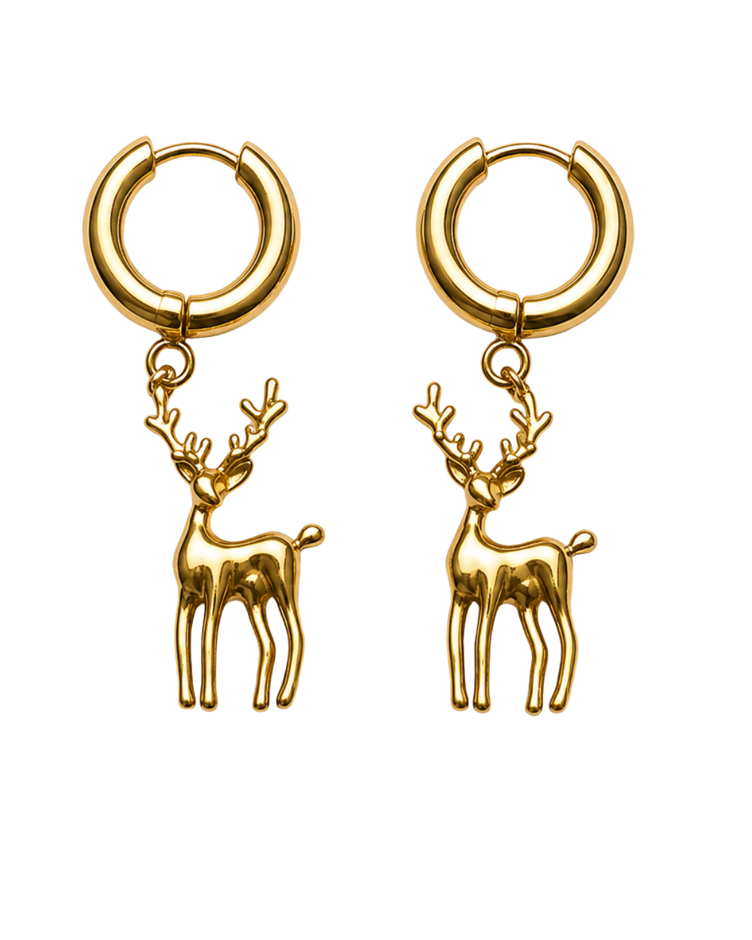 Boucles d'oreilles Cerfs Fascinato — créoles dorées à pendentif cerf sculpté en acier inoxydable