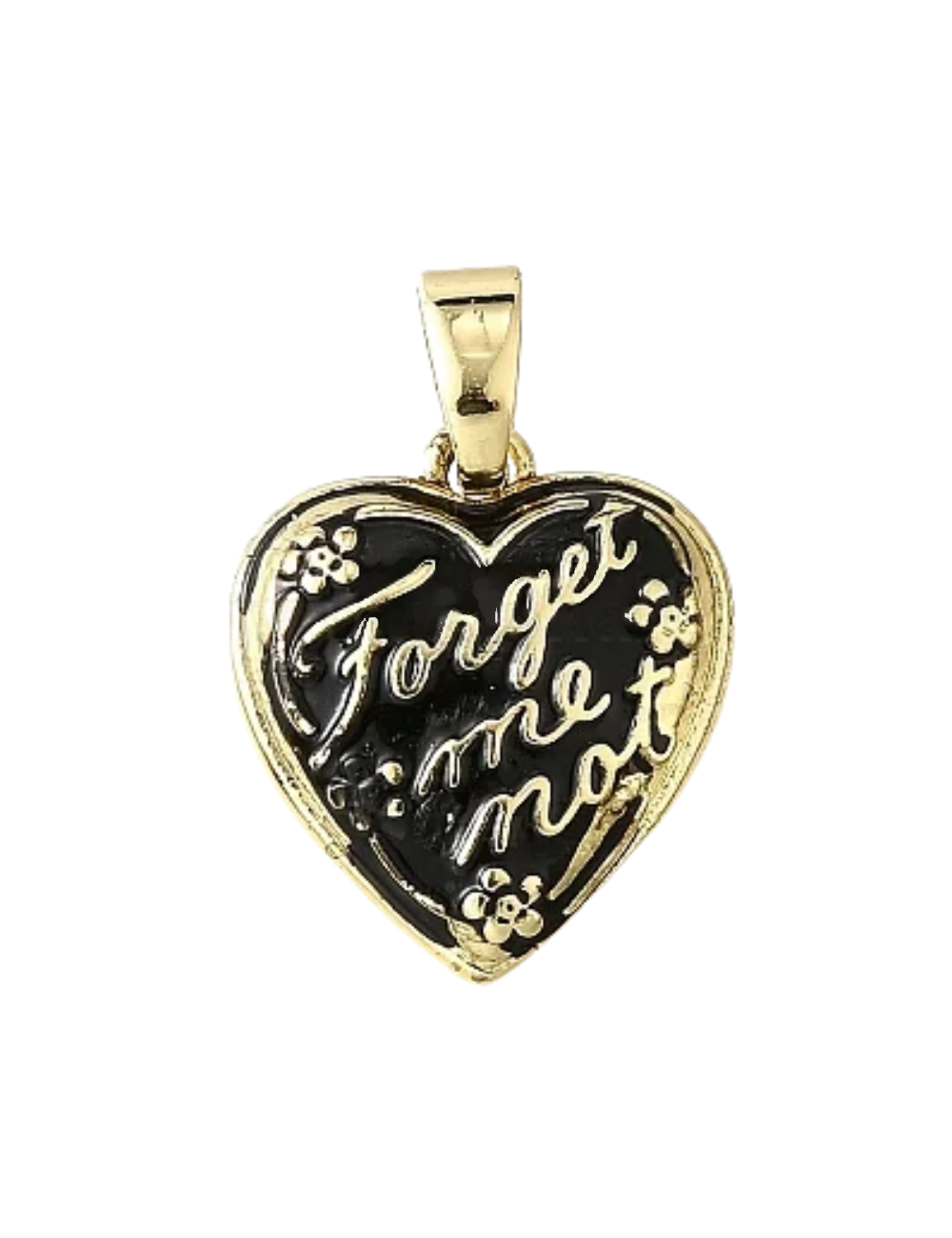 Charm Perdita – cœur émail noir Forget me not, fleurs dorées