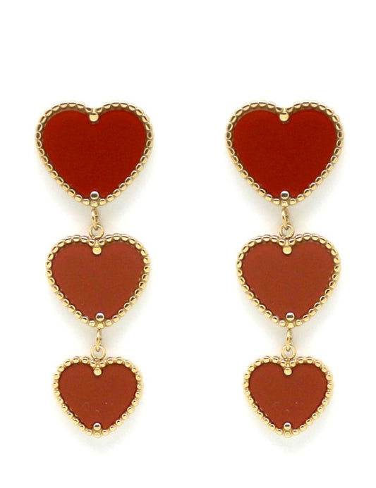 Boucles d'oreilles chaine 3 coeurs résine rouge