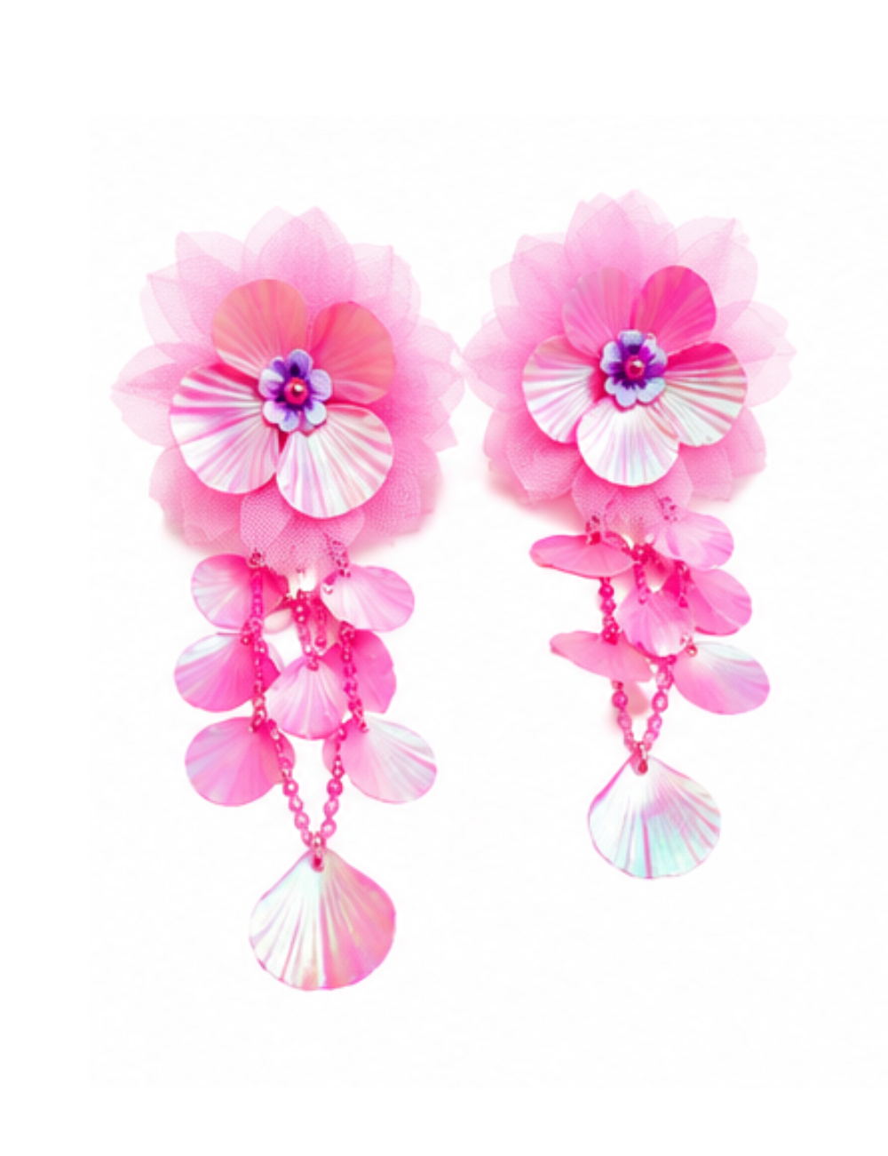 Boucles Camélia - fleur rose XL avec pampilles nacrées
