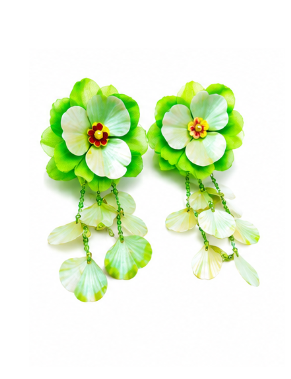 Boucles Menthola - fleur vert menthe XL avec pampilles nacrées