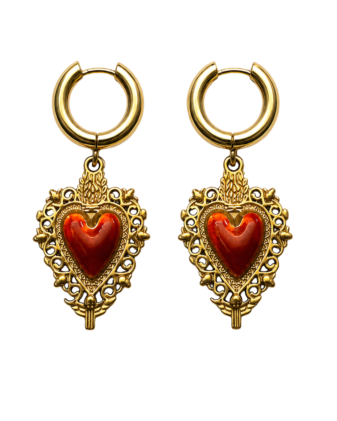 Boucles d'oreilles Sacro Cuore Fascinato — créoles dorées à cœur sacré ex-voto ajouré en acier inoxydable