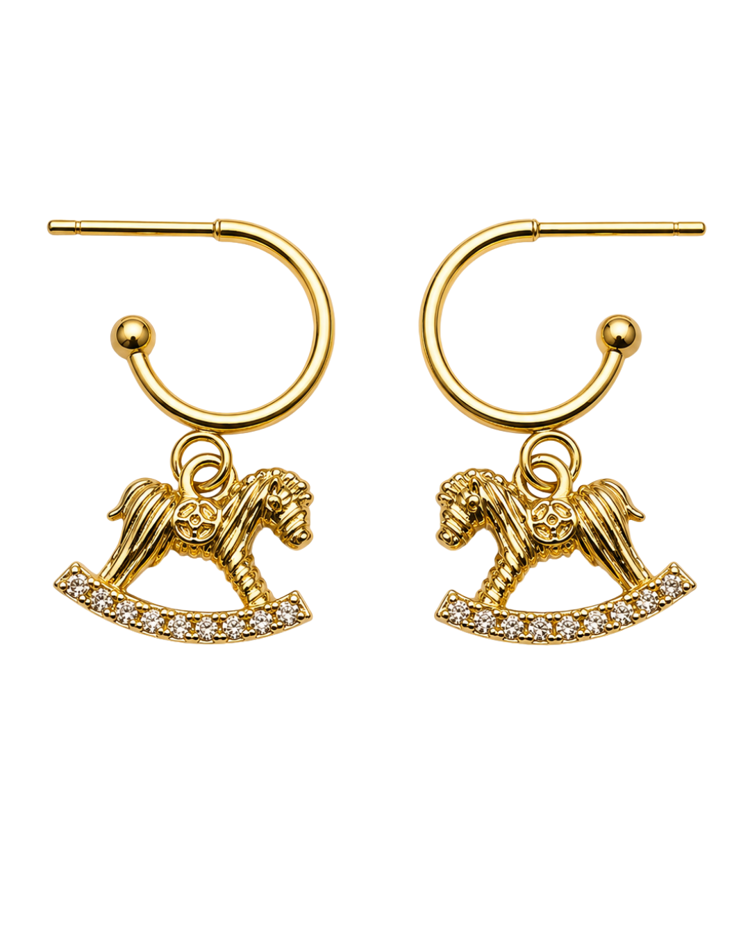 Boucles d'oreilles Cavallino Fascinato — créoles fines dorées à cheval à bascule pavé de zircons