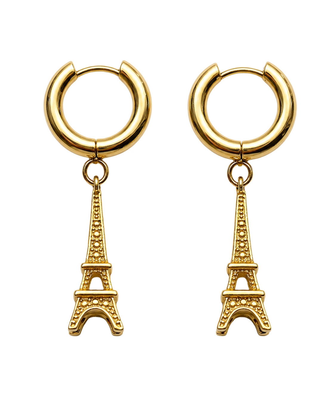 Boucles d'oreilles Tour Eiffel Fascinato — créoles dorées à pendentif Tour Eiffel ciselée, souvenir de Paris