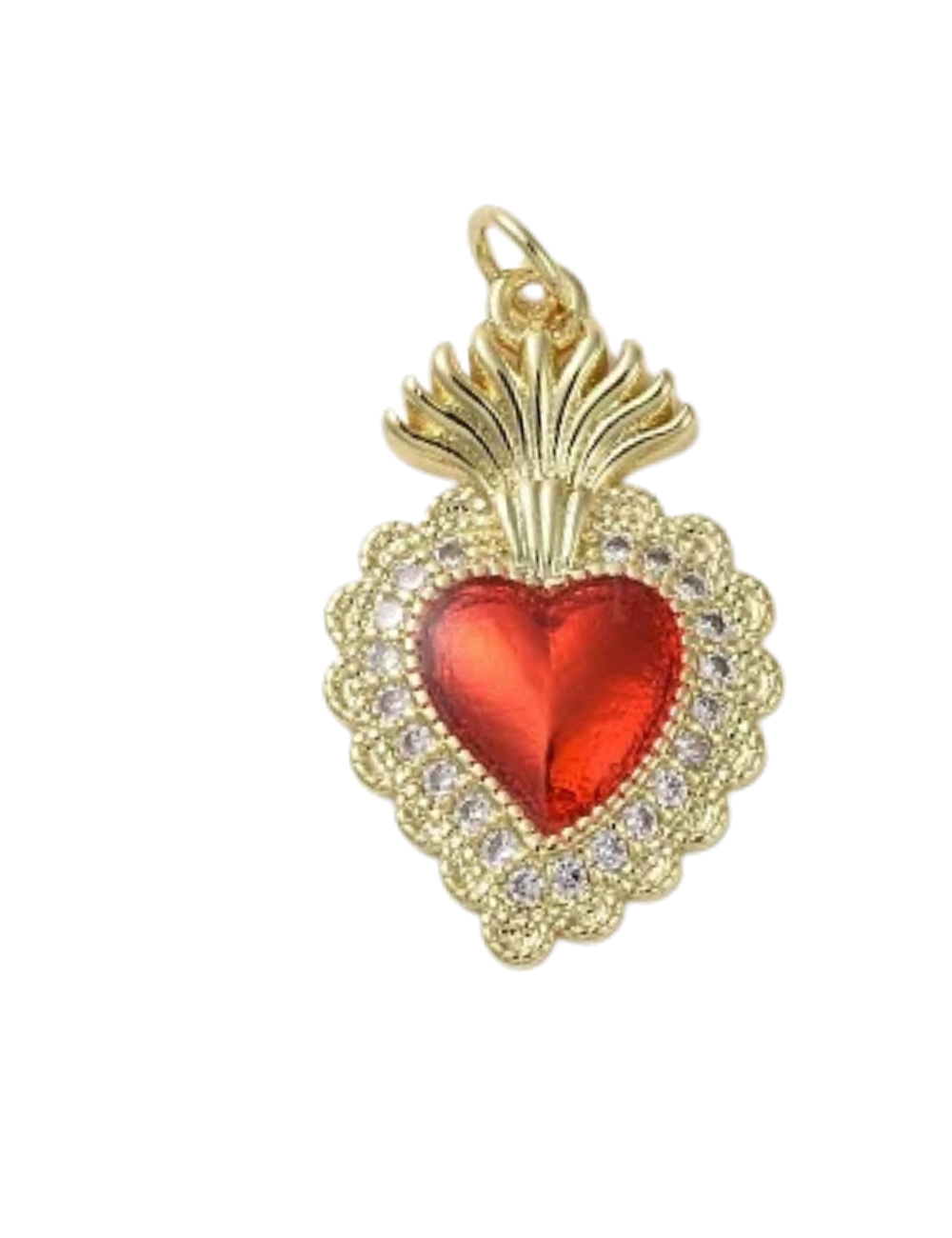 Charm Nerissa – cœur sacré rouge auréolé de zircons, flamme dorée